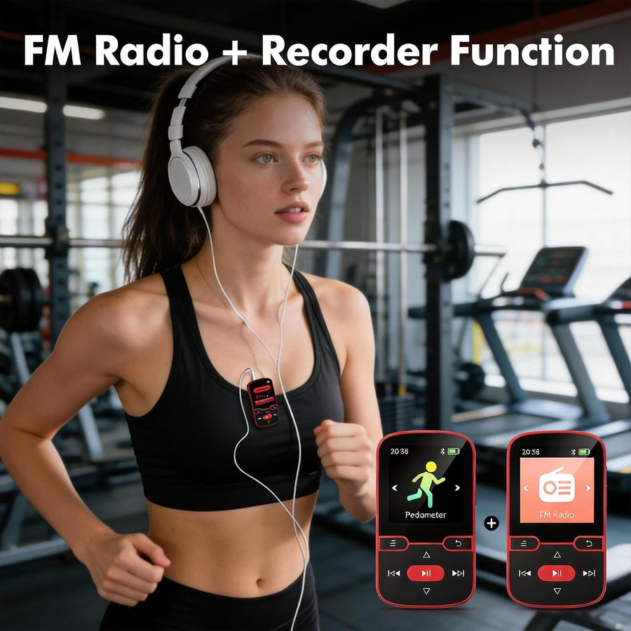Lecteur MP3 64Go Bluetooth 5.3 avec Clip Musique Sport, écran TFT 1,5" | 28g ultra-léger sport, touches physiques, son HiFi : FM, enregistrement, lecture aléatoire ROUGE