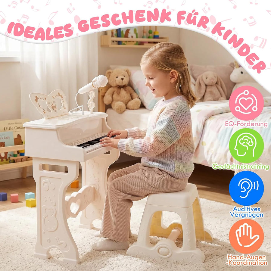Jouet Piano Enfant, Piano Numérique 37 Touches pour Enfants avec Tabouret & Microphone, Piano Electronique Portable avec Microphone