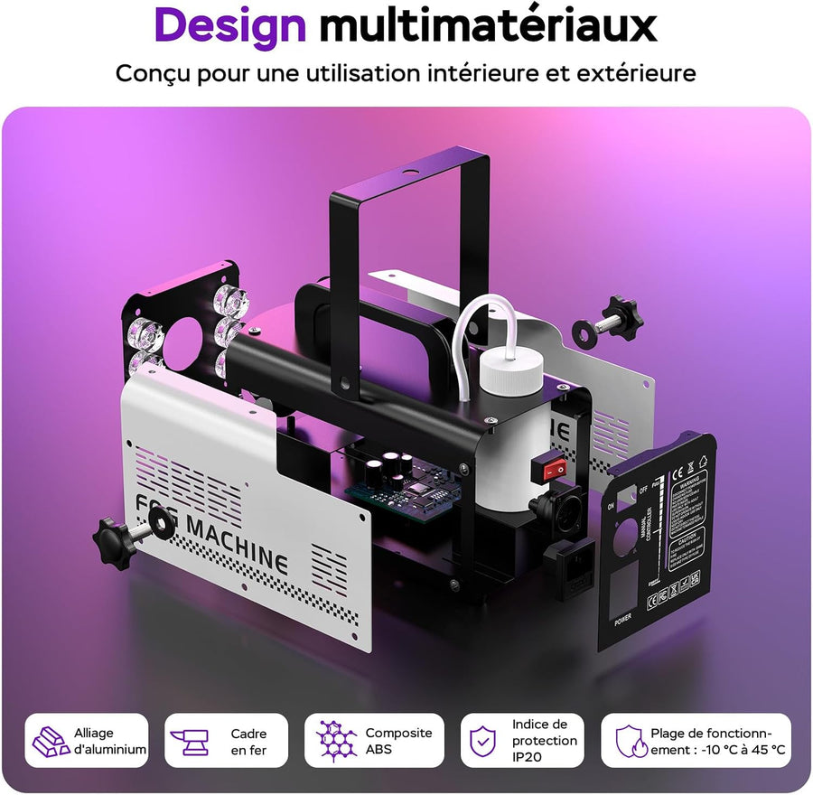 Machine à Fumée Mini Machine à Brouillard avec 6 LED Lumières Contrôlables en Couleur, 400 W avec télécommande, DJ Mariage Halloween Fête et Spectacle Noël Contrôle double mode