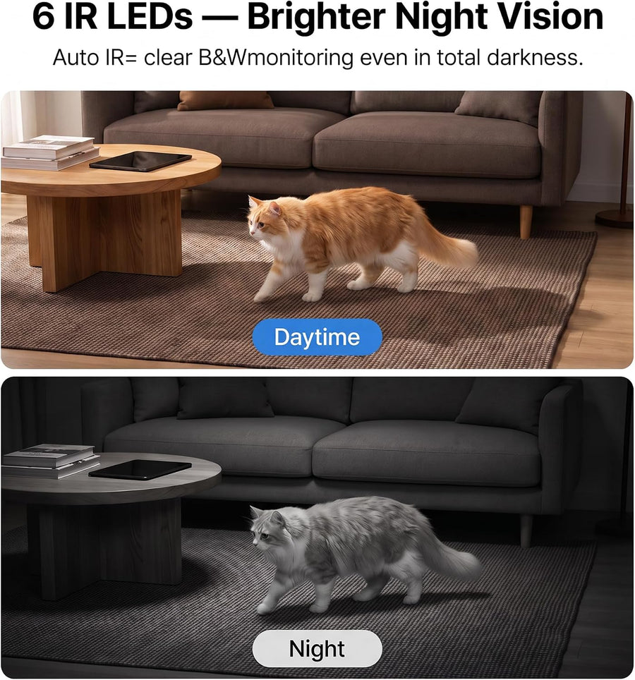 Caméra Sécurité Intérieur — Babyphone Animal Bébé 3MP 1296p Panoramique WiFi Double Bande 2.4/5GHz, 6 LEDs IR Vision Nocturne, Audio Bidirectionnel, Détection Mouvement Son, Stockage SD/Cloud