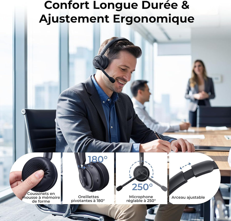 Nuroum HP31S 2026 Casque Bluetooth Sans Fil avec Micro, Réduction de Bruit ENC, Casque PC Mono avec Station de Charge,Clé USB-A&C/Bluetooth/Dongle,45H d'Autonomie pour CallCenter/Travail/Appels/Bureau