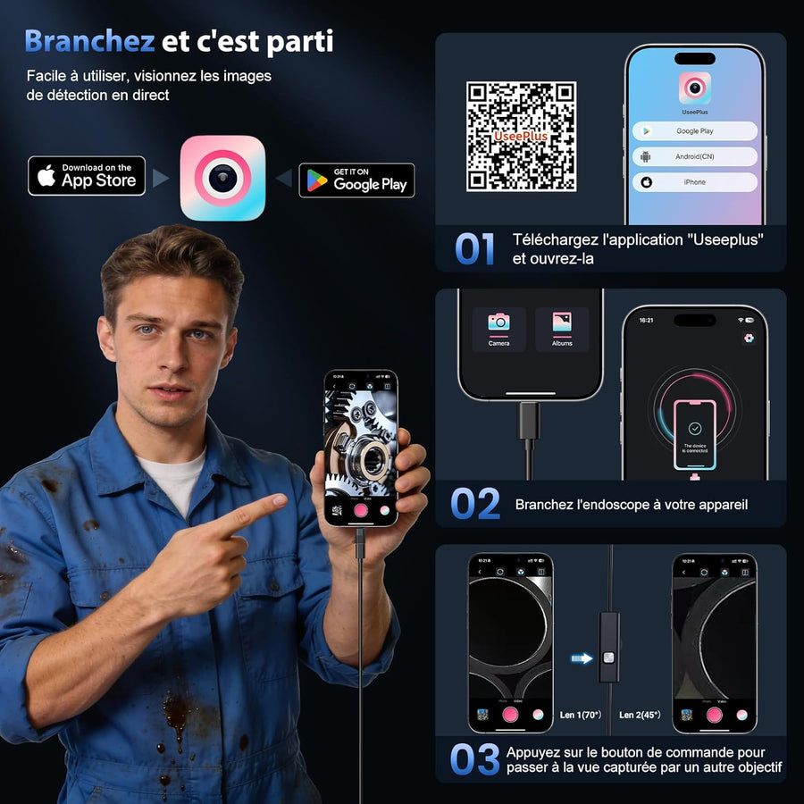 Caméra endoscopique avec éclairage – Endoscope HD 1920p équipé de 8 LED réglables, étanche IP67, caméra d'inspection Compatible Android et iOS/iPhone, Endoscope avec caméra Semi-Rigide -5M