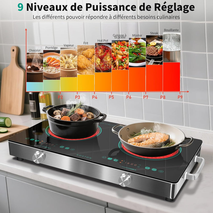 Plaque vitrocéramique 2 feux portable vert menthe, plaque vitrocéramique 2 feux indépendante avec poignée, plaque 2 feux, minuterie, sécurité enfants, 220-240 V, 3200 W
