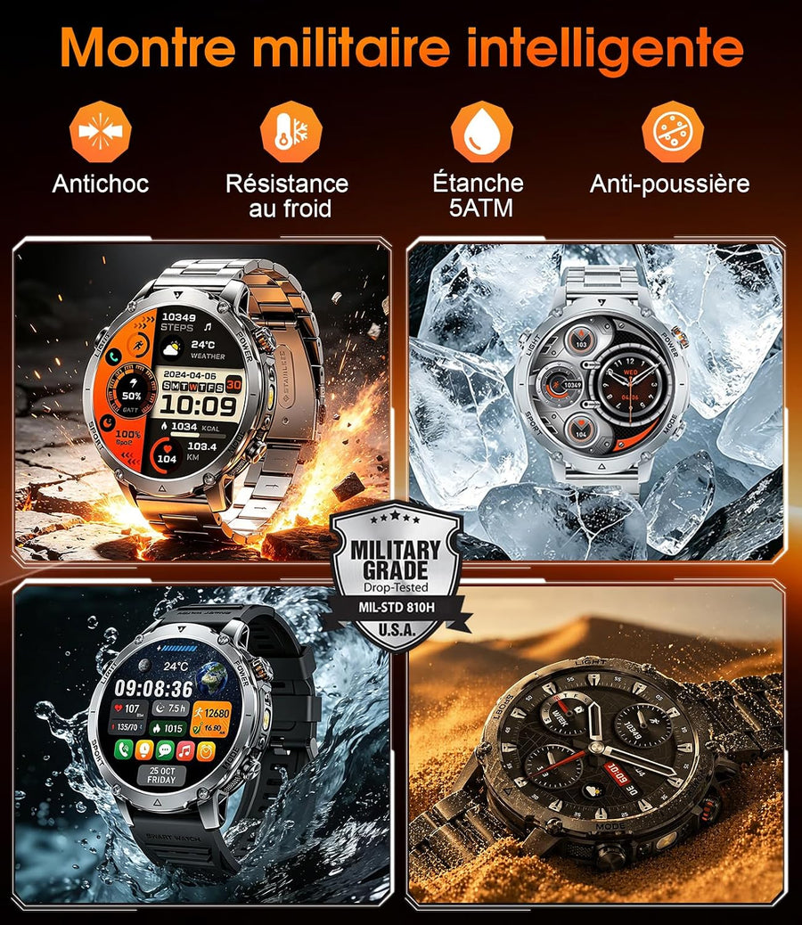 Montre Connectée Homme, Batterie 1400mAh, Écran HD 1,7 Pouce, Lampe LED, 110+ Modes Sport Montre Militaire Homme, Suivi Sommeil, IP68 Étanche, Smartwatch pour Android iOS, 2 Bracelets, Noir Gris