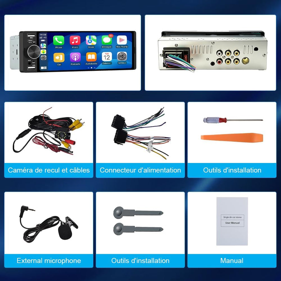 Autoradio 1 DIN avec Écran Tactile 6,36", Compatible CarPlay & Android Auto, Bluetooth, GPS, FM, Charge Type-C, 2 USB, Microphone, Égaliseur, Commandes au Volant