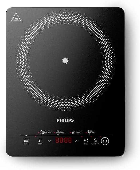 Philips Plaque à induction Série 3000 - Plaque électrique portable, 8 niveaux de chauffe, 4 programmes de cuisson, puissance élevée de 2000W, avec arrêt automatique, Écran tactile (HD5830/90)