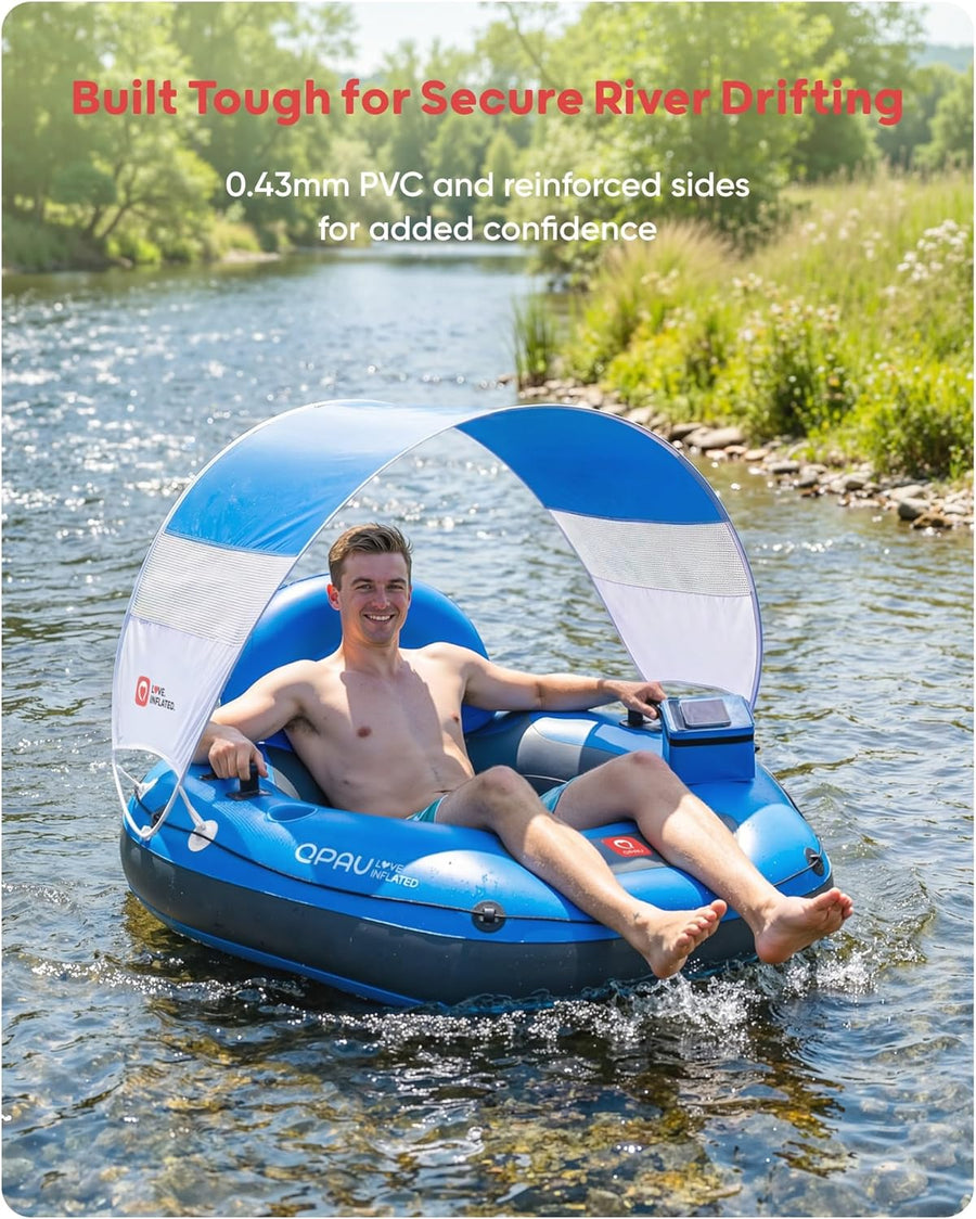 Tube de rivière gonflable de 116,8 cm avec auvent pare-soleil amovible, tube flottant robuste pour adultes, repose-jambes et dossier ergonomiques, sac imperméable et porte-gobelets BLEU