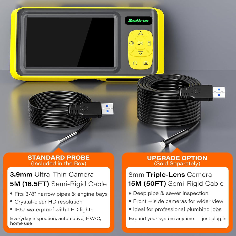 Endoscope, Caméra d'Inspection 3.9mm, USB Interchangeable, Pince Incluse | Écran IPS 4,3" 1080P HD. Étanche IP67, câble 5M, pince débouchage 1M incluse. Système modulaire USB, mallette de transport