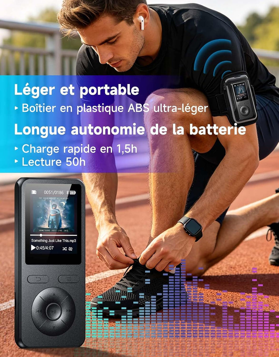 Lecteur MP3 64Go avec Bluetooth 5.3, Haut-Parleur intégré, Bouton Physique lecteur de musique portable, qualité sonore HiFi, fonction d'enregistrement radio FM,Carte mémoire extensible jusqu'à 128 Go