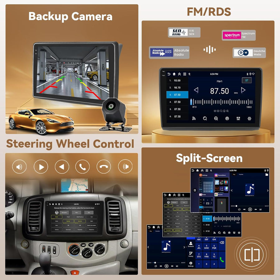 Carplay 4G+64G Android 15 Autoradio 10" pour Renault Trafic CarPlay | Aussi pour Nissan Primastar. Wireless CarPlay. Android Auto. WiFi. FM/RDS. Caméra + MIC