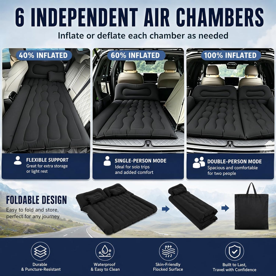 Matelas Gonflable Voiture, 1.75 * 1.35M Lit Gonflable pour Siège Arrière, Pompe et Oreiller, Matelas de Voiture SUV, Tissu Molletonné Épais, pour Voyage Camping Activités de Plein Air