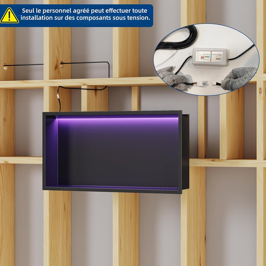 Douche-Niche Inox avec Lumière RGB, Étagères Encastrées avec LED RVB, Pas Besoin de Carrelage Niche Salle de Bain, Couche Unique, 75CM, Noir
