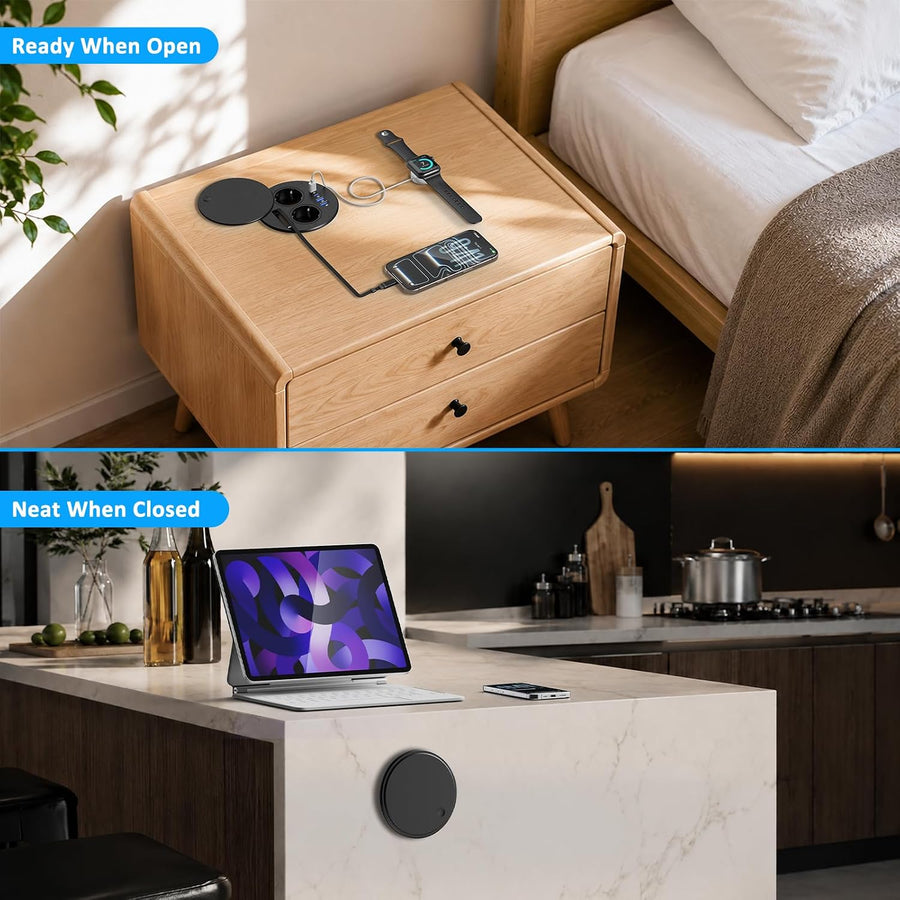 Multiprise Encastrable avec Câble USB-C Rétractable PD 35W, Noir | Prise Encastrable Plan de Travail, 2 USB-C, 2 USB-A, 1,8M Câble, Bloc Prise Escamotable avec Couvercle, Découpe Ø100 mm