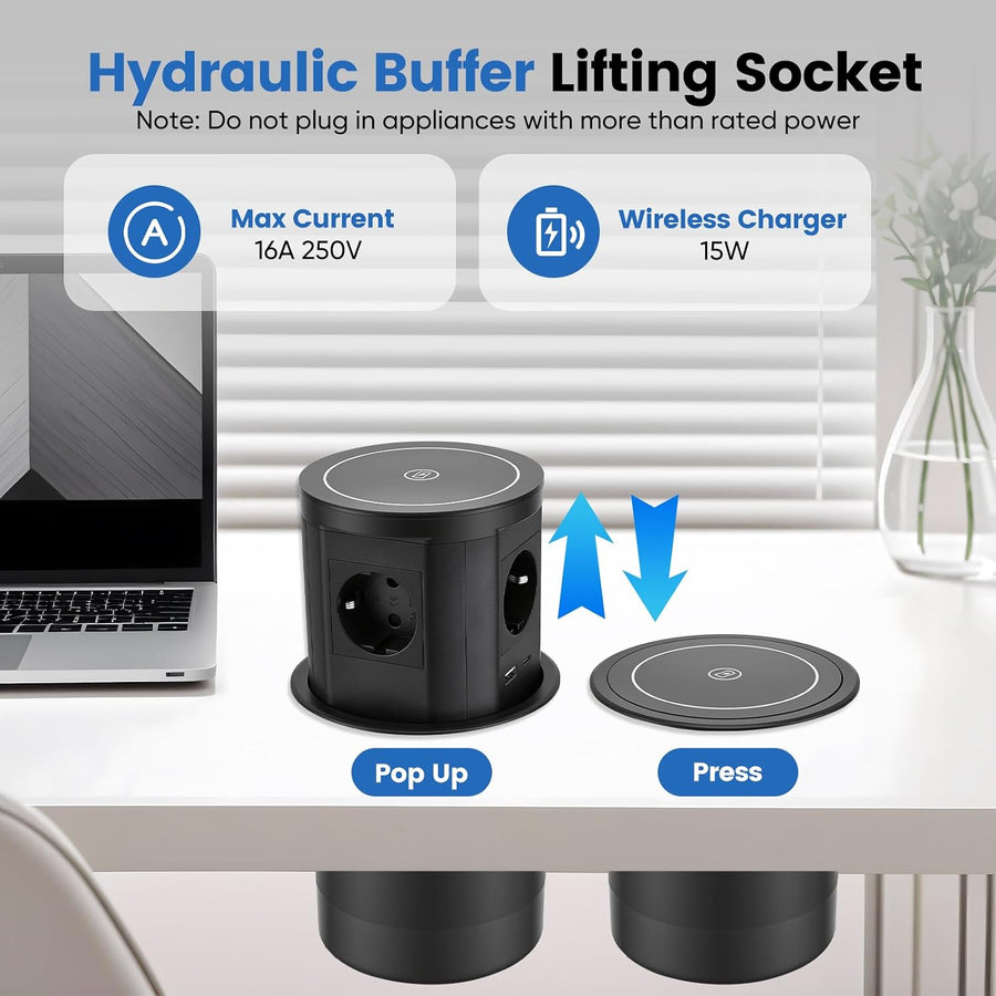 Bloc Prise Encastrable Automatique, Prise Encastrable Plan de Travail avec Chargeur Sans Fil 15 W, D 117 mm, Prise de Table Escamotable 3 Prises avec 1 USB C 1 USB A - Prise de Table Rétractable