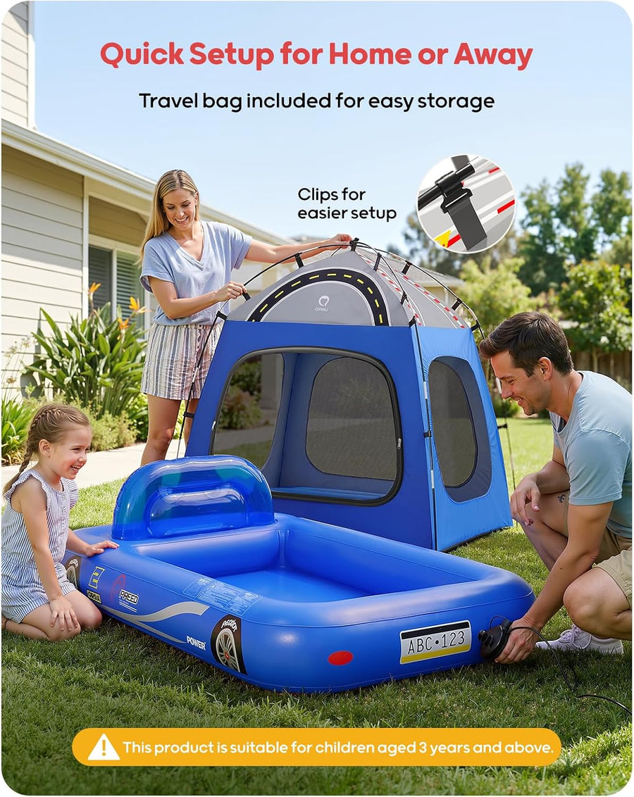 Matelas gonflable pour enfants, motif tente de voiture de course, à partir de 3 ans, BLEU