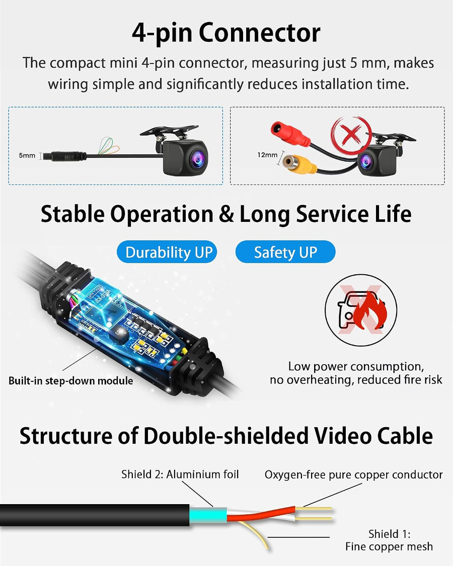 Caméra de Recul 1080P Voiture avec Écran LCD 4,3", Caméra de Recul en Deux Options d'alimentation, Étanche IP68, Vision Nocturne Exceptionnelle, DIY Instructions de Montage, Facile à Installer