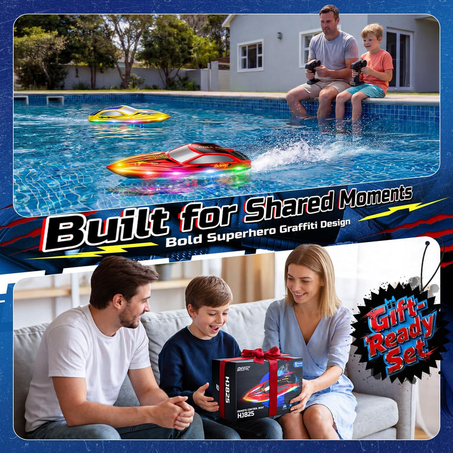 Jouet Lot de 2 Bateau Télécommandé Enfants, Bateau RC Rapide avec 4 Batteries Rechargeables, Jusqu'à 120 Min d'Autonomie, 7 Modes d'Éclairage LED, Redressement Automatique, 2,4 GHz Piscine et Lac