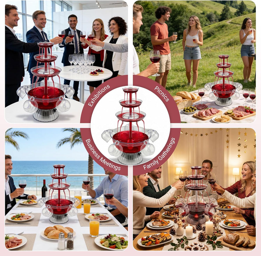 Fontaine de Fête 3 Niveaux avec LED et 5 Verres, pour Vin Rouge Jus Punch 4L Fontaine à Boissons Électrique, Réutilisables Fontaine à Vin Rouge pour Pubs, Fêtes à la Maison et Fêtes d'Anniversaire