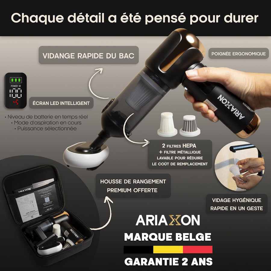 Aspirateur à Main sans Fil pour Poils d’Animaux – 45 min, Maison & Voiture Fini poils et miettes sur canapé et voiture, 4 en 1, batterie longue durée, HEPA métallique lavable, kit complet + sac inclus