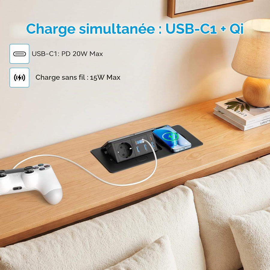 Alpheus Prise Encastrable Plan de Travail, Charge sans Fil 15W, USB-C1 30W 3 USB-C, 3 USB-A, 1 Prise Secteur, Câble 1,8m, pour Bureau, Table de Réunion, Plan de Travail et ilot de Cuisine,10A/2500W