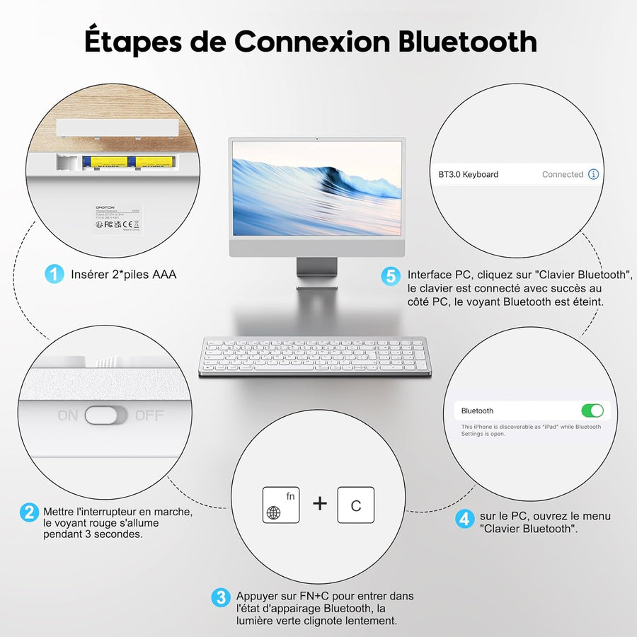 Clavier Bluetooth pour Mac OS, OMOTON Clavier sans Fil pour Apple MacBook Pro/Air, iMac, iMac Pro, Mac Mini/Pro, Clavier Silencieux Alimenté par AAA Piles, AZERTY