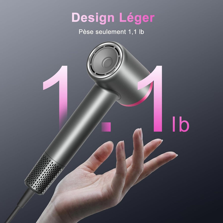 Sèche-Cheveux Ionique 1350W Moteur Sans Balais Haute Vitesse 110 000 tr/min, 2 Vitesses et 4 Températures, Seche Cheveux Professionale avec Embout Magnétique, 50dB pour Voyage et Maison
