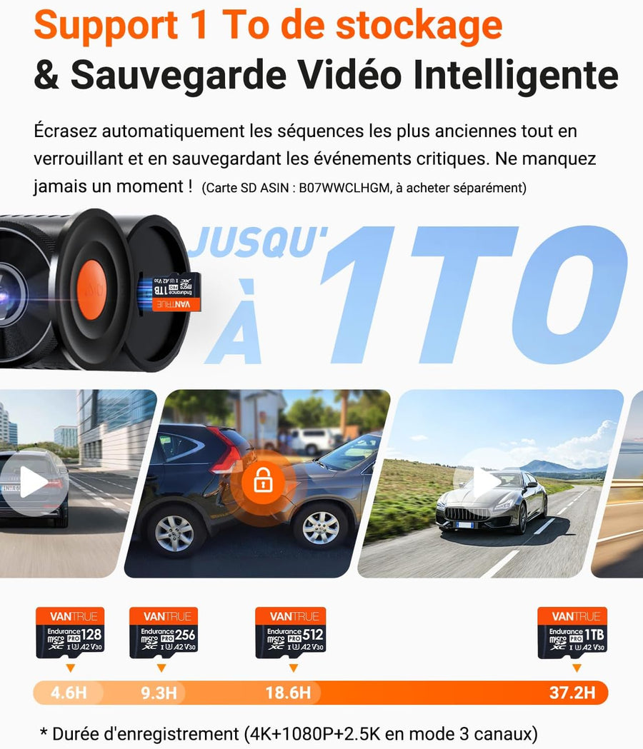 VANTRUE N4 Pro S Dashcam Voiture 3 Canaux 4K+1080P+1440P Avant Int Arrière STARVIS2, HDR, Vue 360°, Vision nocturne IR, WiFi 5GHz GPS, Mode Parking 24h, Commande vocale FR, Carte MAX 1To, N4PSRC18