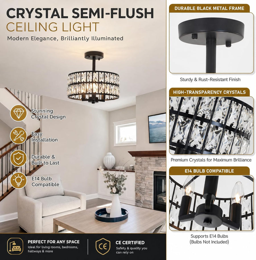 Plafonnier Cristal Noir Moderne Élégant pour Salon et Chambre