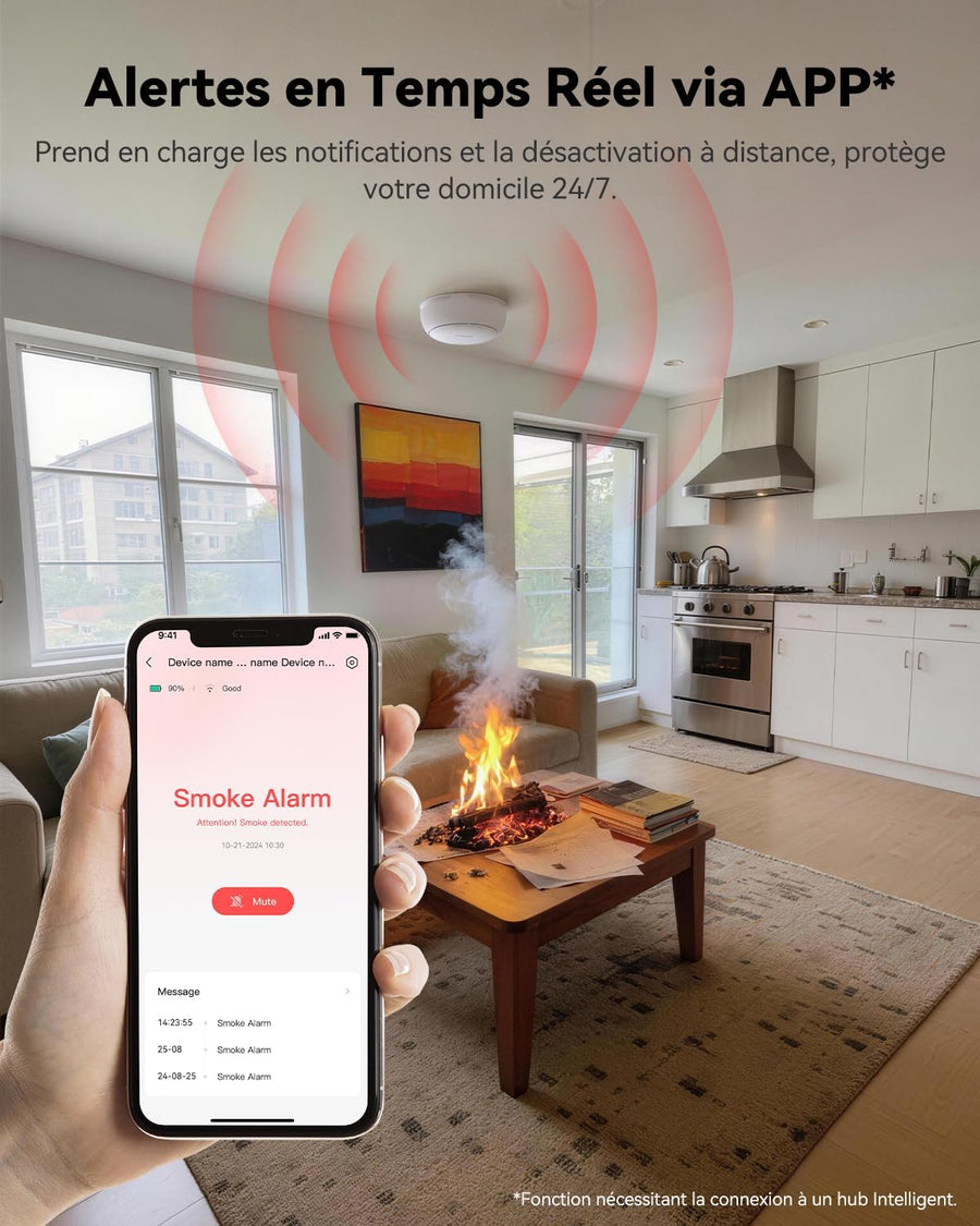 Détecteur de Fumée WiFi Intelligent EN14604, Batterie 5 Ans, Sirène 85 DB, Alarme Incendie Synchronisée Via Hub Zigbee (sans WiFi), Commande Via App, Alertes à Distance, Lot de 3 (Hub Inclus)
