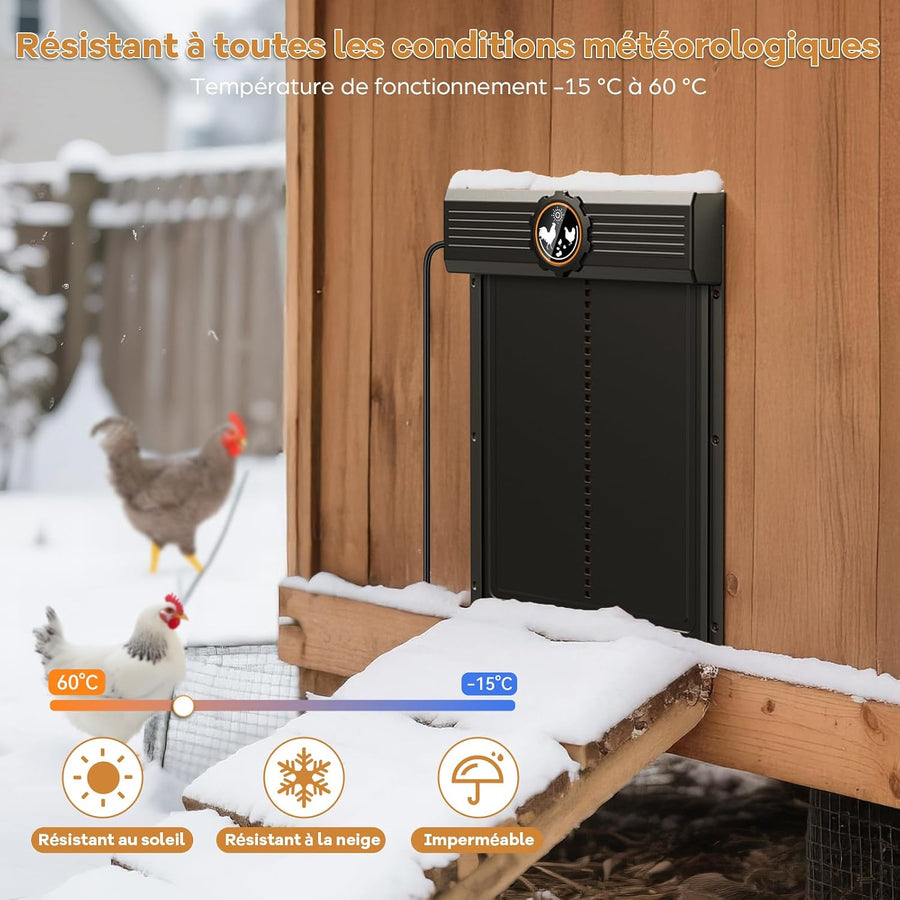Grande Porte Poulailler Automatique Solaire avec avec Écran LCD Externe Capteur de Lumière, Minuterie, Télécommande, Fonction Anti-pincement, Aluminium, Étanche IP65, Ouverture 28.5 x 24 cm