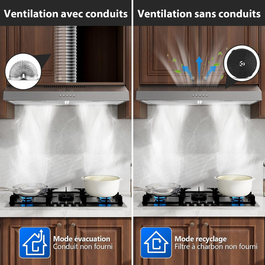 Hotte Aspirante 60 cm Encastrable, 250 m³/h Hotte de Cuisine Slim, 3 Vitesses, Classe A+, LED, Inox 430, Recyclage & Évacuation