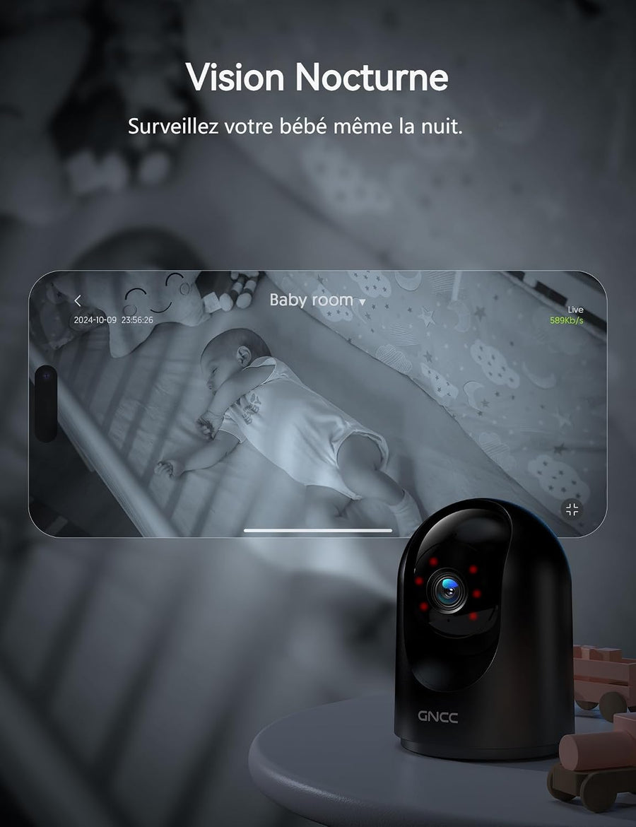 Lot de x4 Caméra Surveillance WiFi Intérieure 2K 3MP 2.4/5GHz, Vision Nocturne Infrarouge, SD/Cloud, 360° PTZ, Audio Bidirectionnel, Détection de Mouvement, Alarme