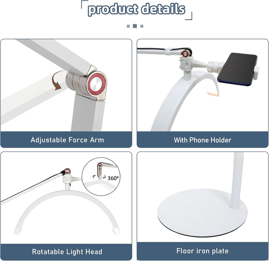 Lampe Demi Lune,Lampe Extension de Cils,36W Lampe de Cils en Lampe sur Pied avec Tête Réglable à 360°,3000K-6000K