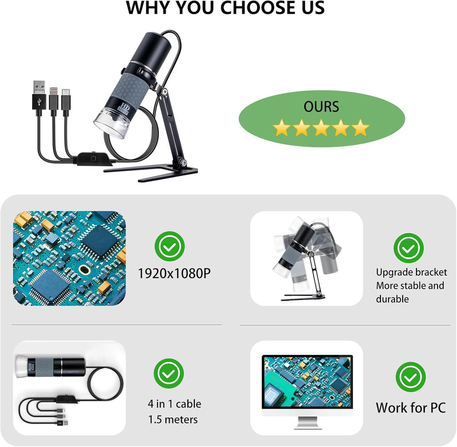 Microscope Numérique 1080P Mostanne, Grossissement 50-1000X, Microscope USB Portable avec Support Réglable, Compatible avec iPhone, Android, Mac et PC Windows