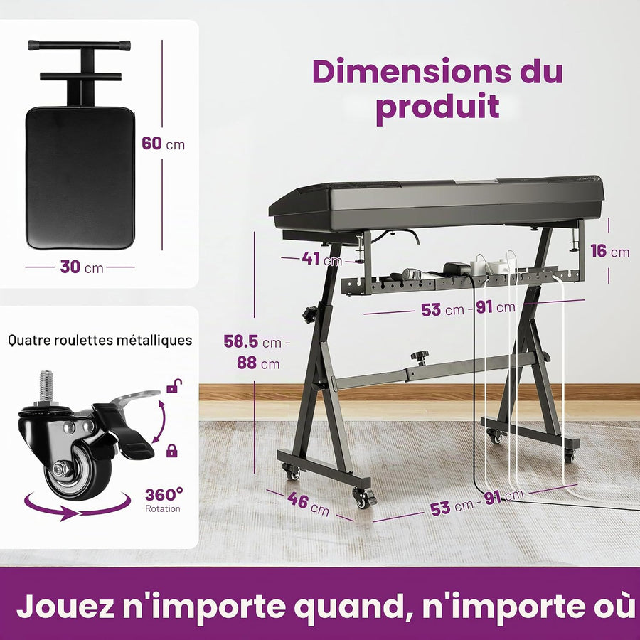 Support Clavier en Z avec Banc, Support Piano Numérique Réglable, panier de rangement intégré, très stable, roulettes verrouillables, montage facile
