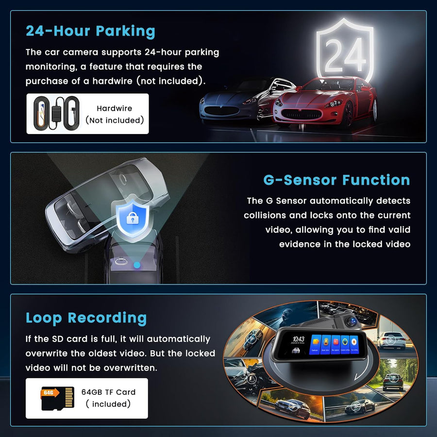 DashCam 4K Wifi Miroir avec GPS & 9.66" Écran Tactile, Dashcam Voiture 4K Avant+1080P Arriere, Dashcam Rétroviseur Caméra pour Voiture avec Capteur G, APP, Carte 64 Go, ADAS, Vision Nocturne