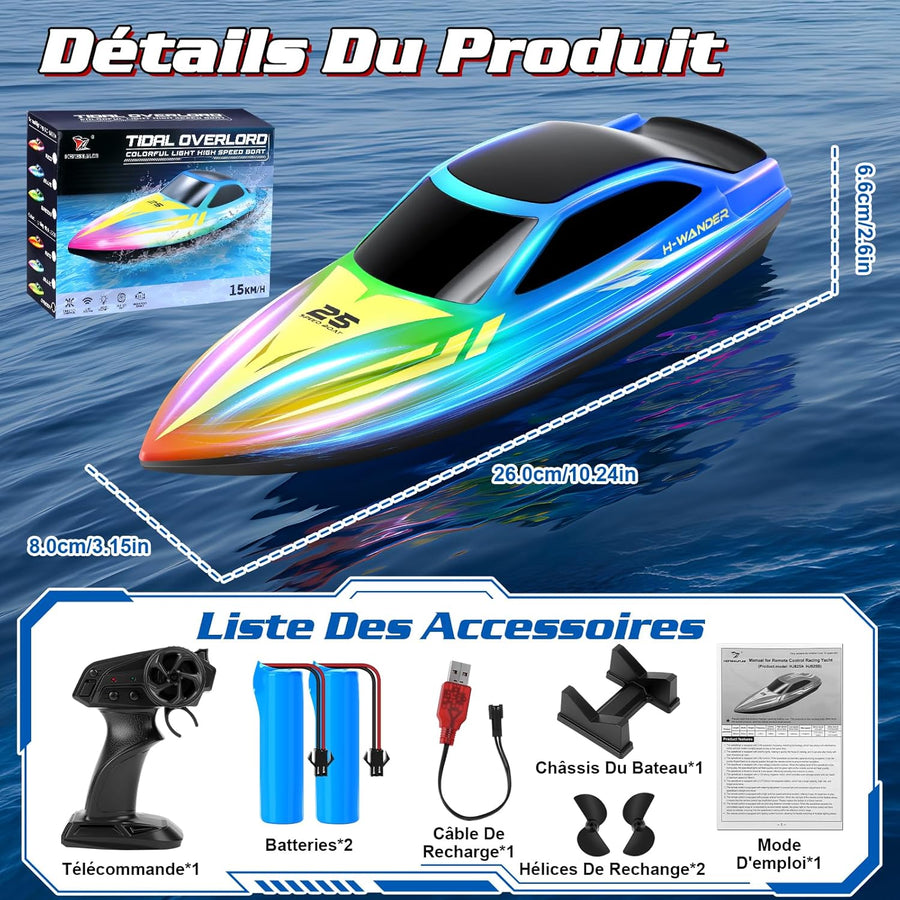 Bateau Télécommandé, 15km/h Bateau RC avec 7 Modes Lumières LED, 2.4GHZ Bateau Telecommandé Enfant pour Piscine et Lacs, Speedboat De Course RC autonomie 120 Minutes