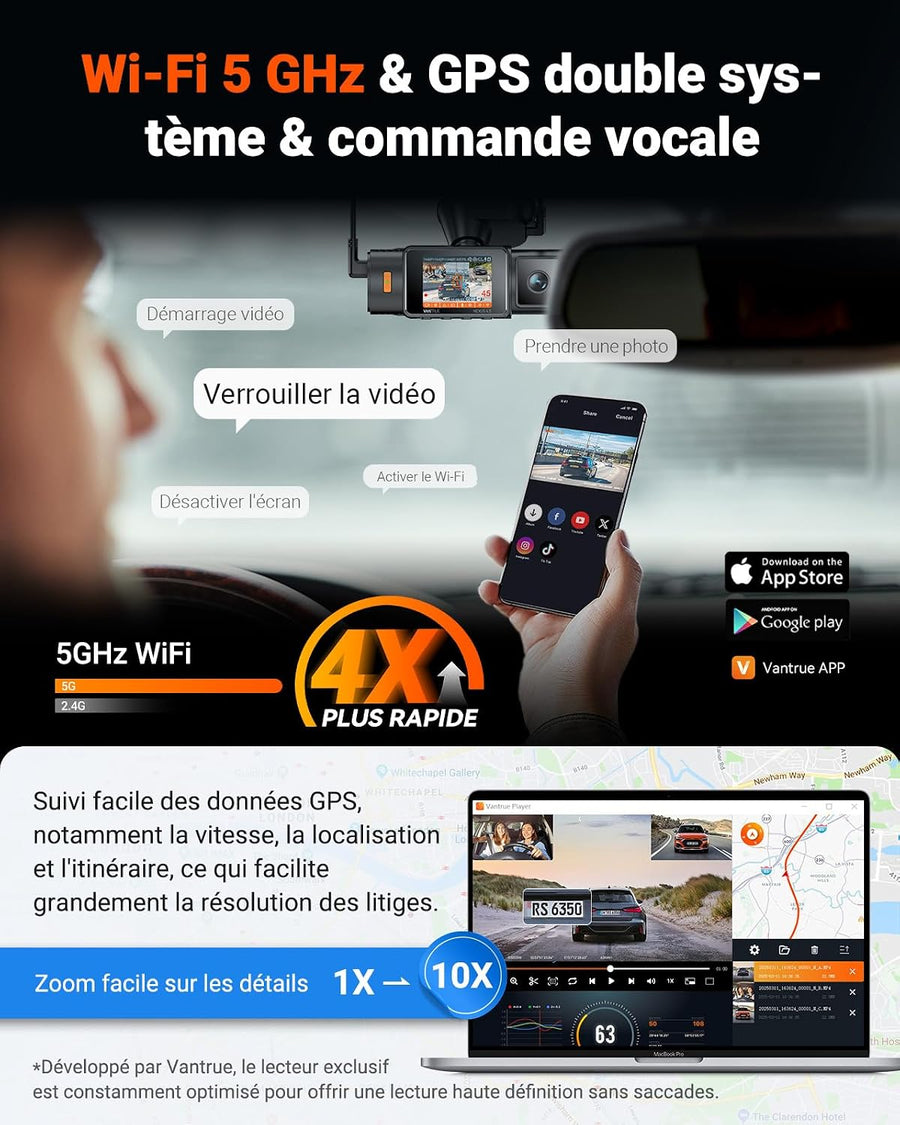 VANTRUE N4S Dashcam Voiture 3 Canaux 2.7K+2.5K+2.5K Avant Intérieur Arrière STARVIS 2, HDR, Vision Nocturne IR, WiFi 5GHz, GPS, Commande Vocale Français, Pré-enregistrement 15s, Compatible 1To, N4SRC18
