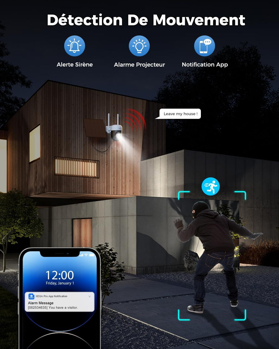 Caméra Solaire Extérieure 4G avec Carte SIM sans WiFi Autonome 2K, Batterie Intégrée, Détection de Mouvement Personnalisée, Projecteur & Sirène, Alerte APP Instantanée, Abonnement Requis