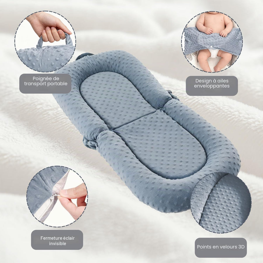 Nid bébé pour nouveau-né, 0 à 24 mois Chaise longue portable 3-en-1, coussin de ventre pliable et soutien assise bébé, housse amovible 100% coton et velours