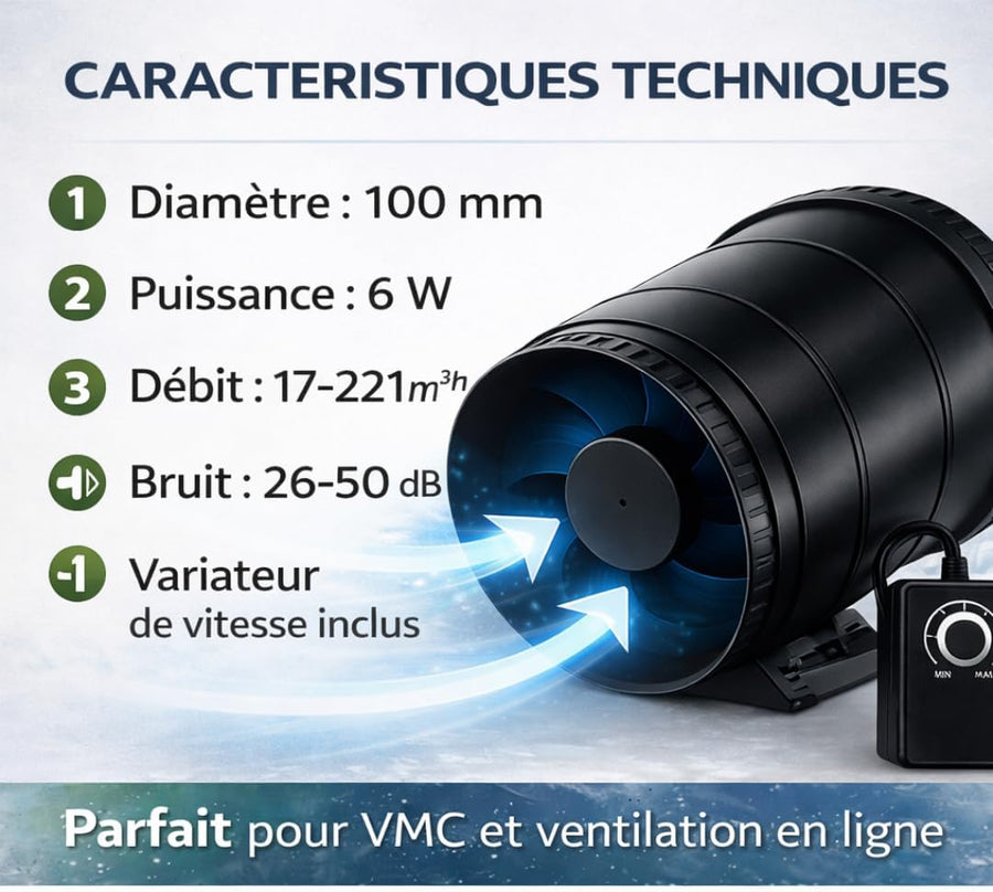 Extracteur d'Air 100 mm avec Variateur – Ventilateur de Gaine Silencieux 6 W, Débit 221 m³/h, pour VMC, Salle de Bain, Cave, Garage, Culture Hydroponique
