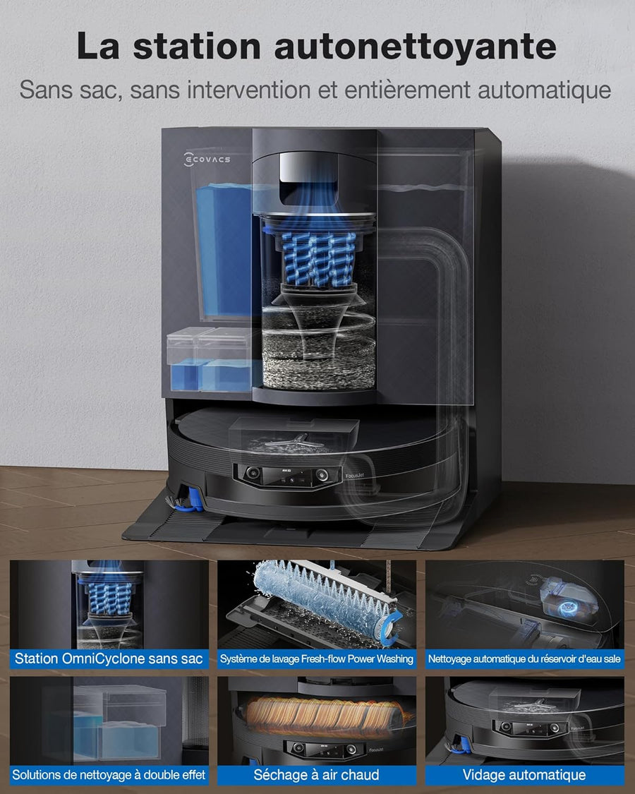 ECOVACS X12 OmniCyclone Care Complete Aspirateur Robot, Blast, 22000 Pa, pré-Dissolution des Taches FocusJet, PowerBoost, OZMO Roller 3.0, Rouleau Extensible, vidage Automatique PureCyclone 2.0