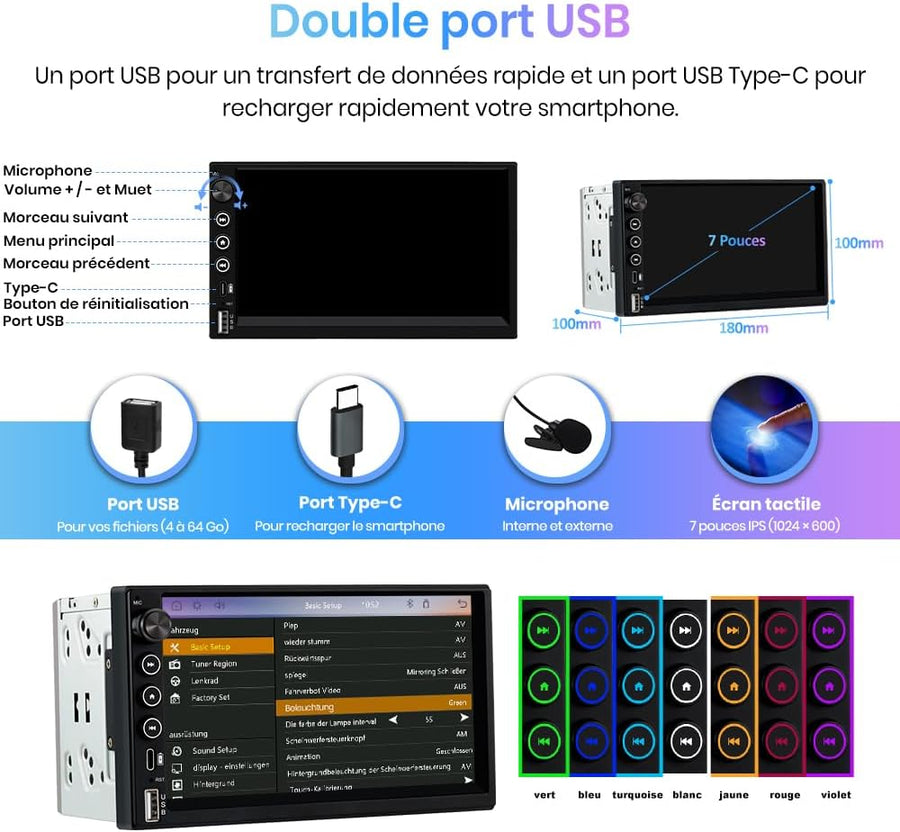 Autoradio 2 DIN Universel avec CarPlay & Android Auto sans Fil Bluetooth, GPS, FM, USB, Type-C, Commandes au Volant, Écran Tactile