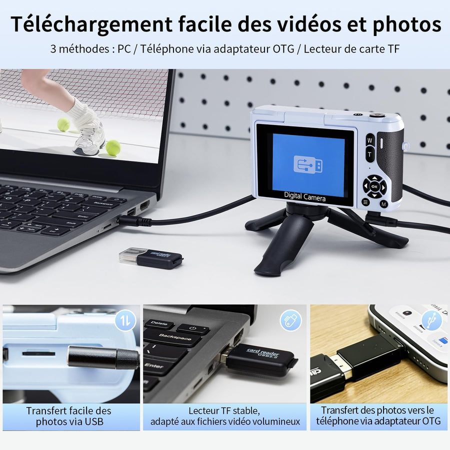 Appareil Photo Numérique 4K Compact 2,8" Écran Pivotant 180° Bleu Zoom 16X, batterie 1500mAh, Camera Vlog, Carte TF incluse