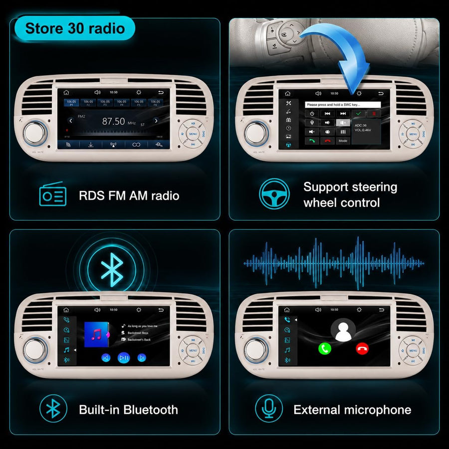Autoradio pour Fiat 500 2013-2020,Linux,démarrage 2s,Écran Fiat 500 Compatible avec Le contrôle au Volant,CarPlay/Android Auto sans Fil,Radio RDS,DSP,4x45W,Bluetooth,Canbus,USB,1-DIN,Plug&Play-Beige