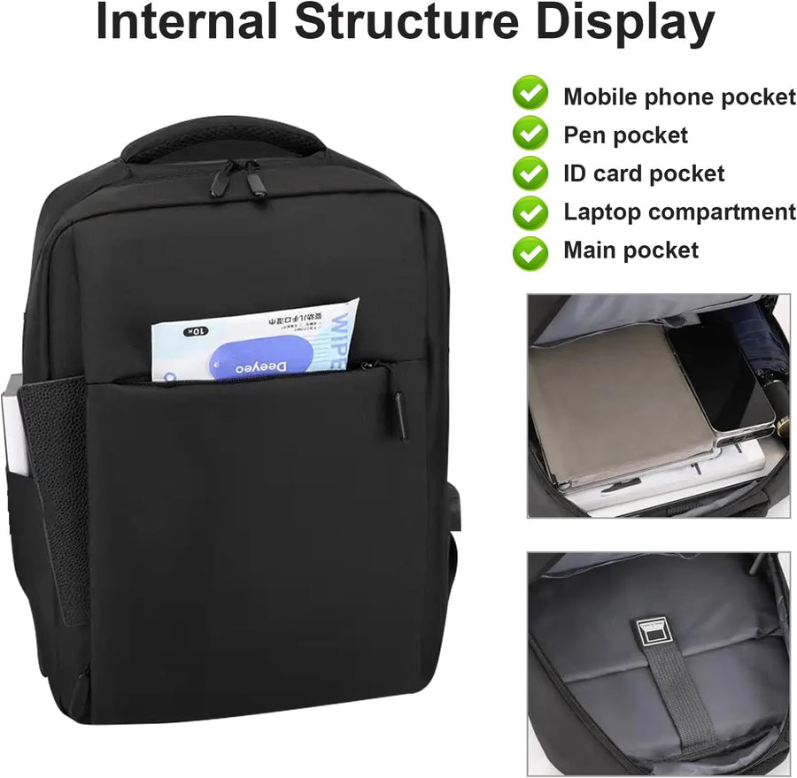 Sac à Dos pour Ordinateur Portable 16 Pouces, Port USB et Sangle pour Valise, Unisexe Étudiant Voyage, Sac Quotidien Enseignant Antivol en Noir