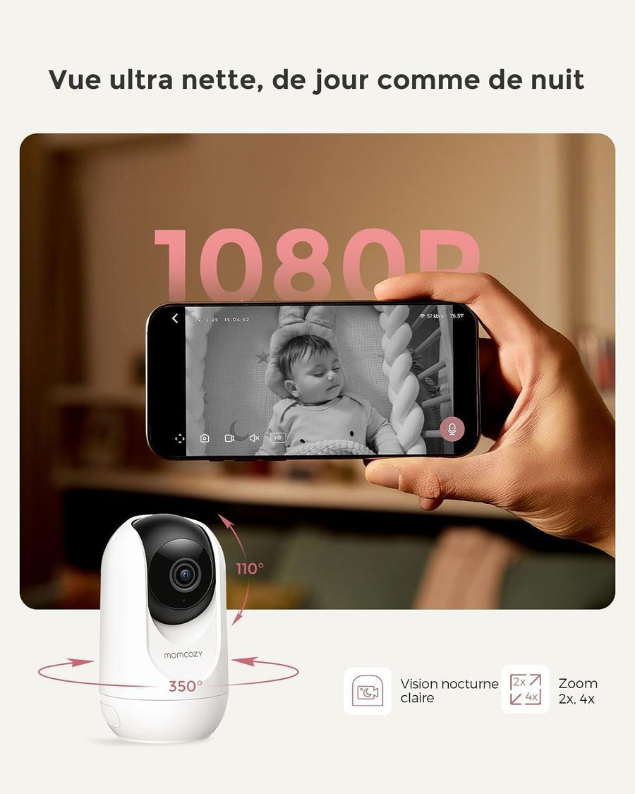 Babyphone Caméra BM04 | Écran 5 Pouces, avec ou sans WiFi | Livré avec 1 Caméra, Vision Nocturne 1080p, Portée 290 m, Autonomie 20h, Détection Pleurs et Mouvement