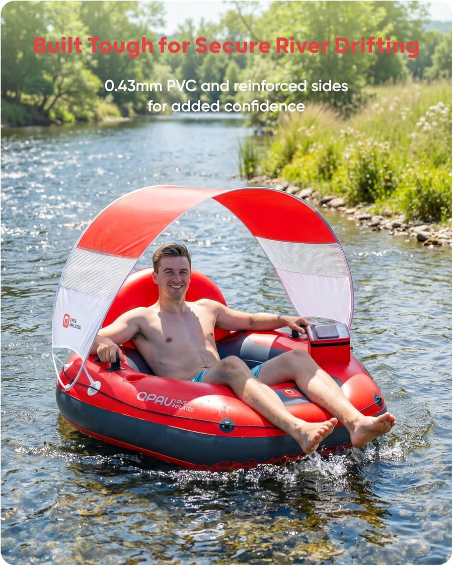 Tube de rivière gonflable de 116,8 cm avec auvent pare-soleil amovible, tube flottant robuste pour adultes, repose-jambes et dossier ergonomiques, sac imperméable et porte-gobelets ROUGE