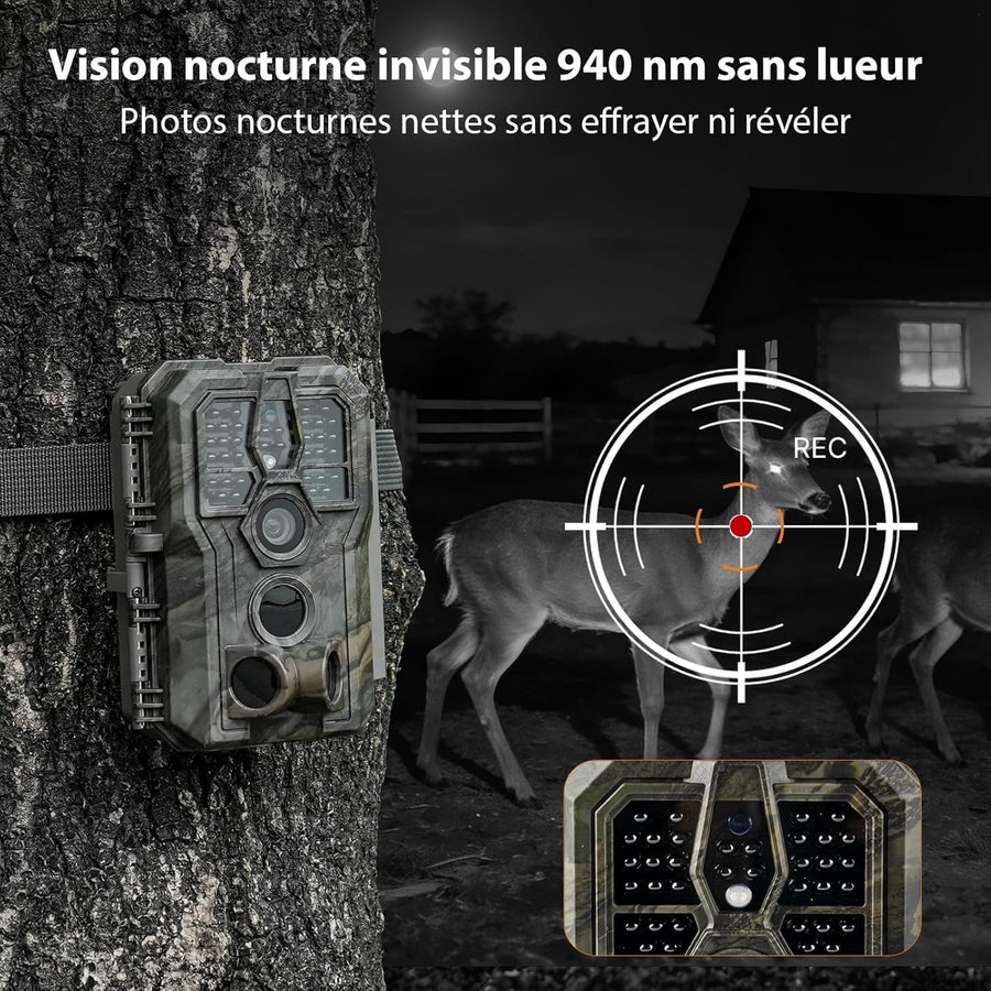 GardePro E5 2.0 Pro 4K Camera de Chasse, Carte SD de 64 Go, 64MP Caméra de Chasse, Camera Vision Nocturne Animaux Exterieur, Piege Photographique, Camera Detecteur de Mouvement