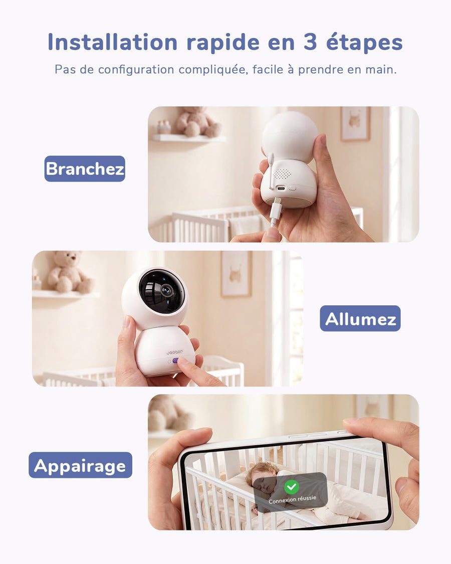 Écran Tactile 6.5" & Écran partagé, WiFi Babyphone Caméra, App, 360° Zoom à deux doigts & Zoom 5X, 4MP, HDR Vision Nocturne, Audio bidirectionnel, Détection des pleurs & température
